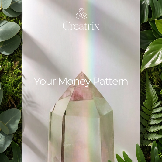 Product packaging with 'Creatrix' branding and 'Your Money Pattern' text, surrounded by green leaves.