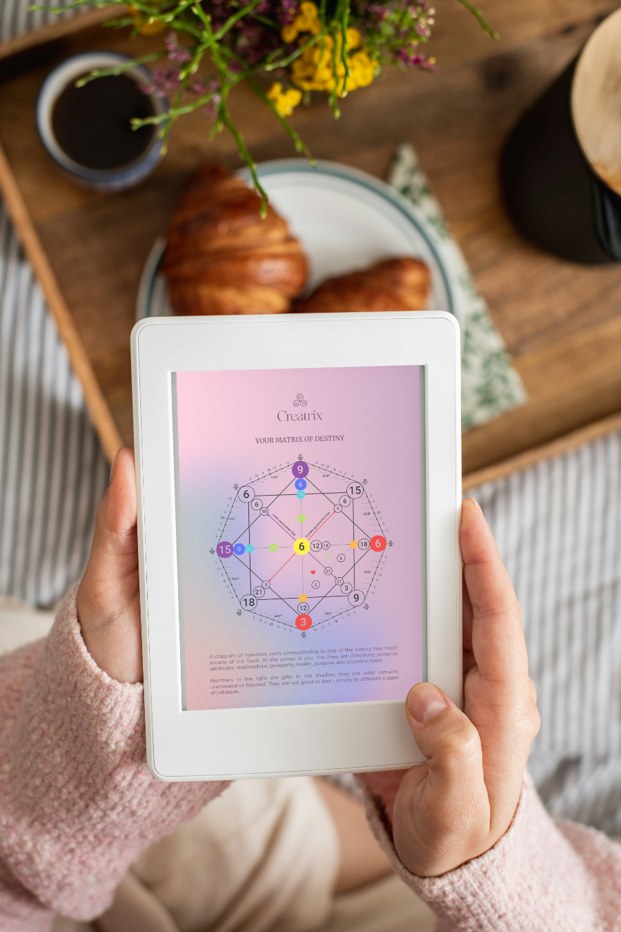 Person holding a digital device displaying a colorful diagram on a wooden table with coffee and pastries.