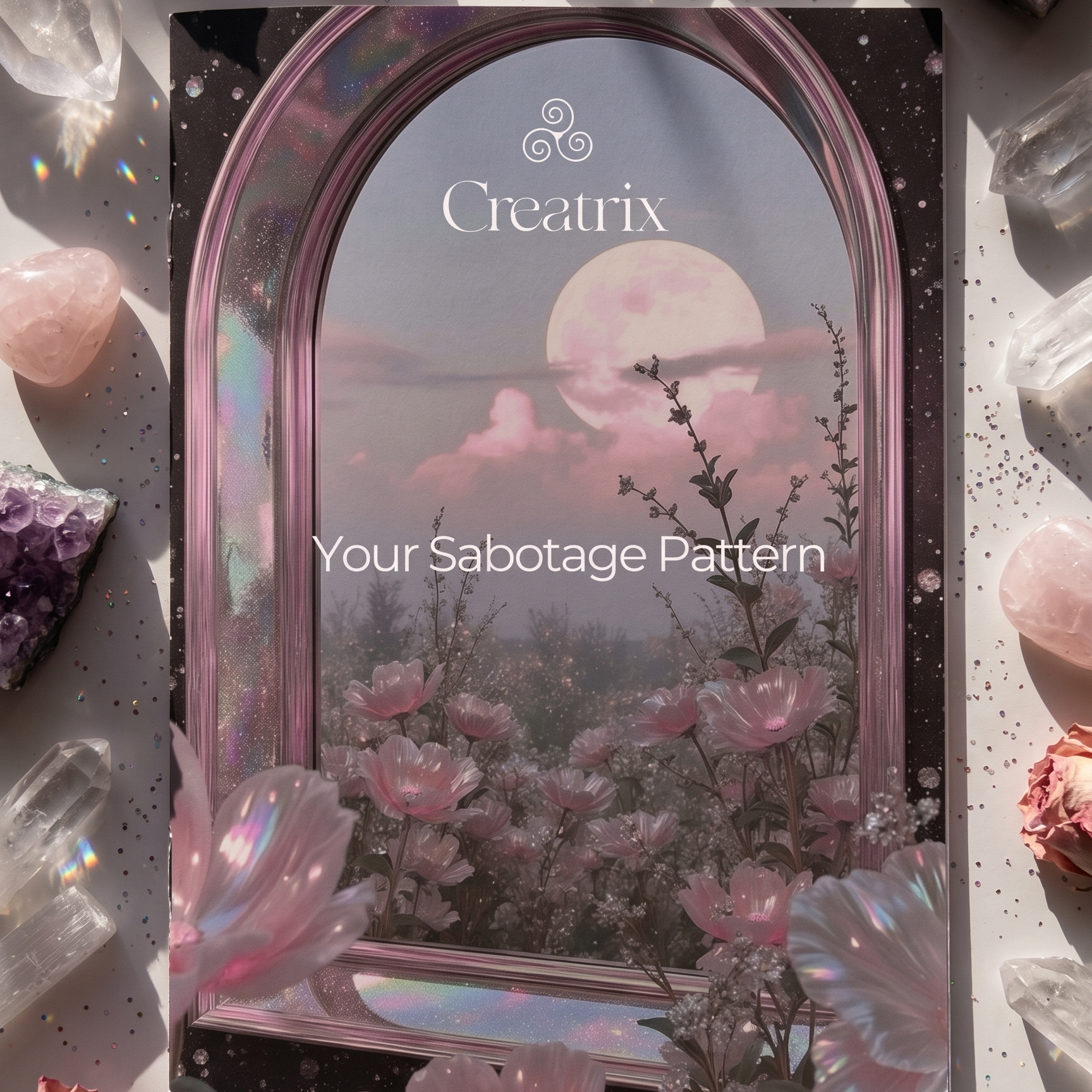 Book titled 'Your Sabotage Pattern' by Creatrix with a pink floral design on a background of crystals and flowers.